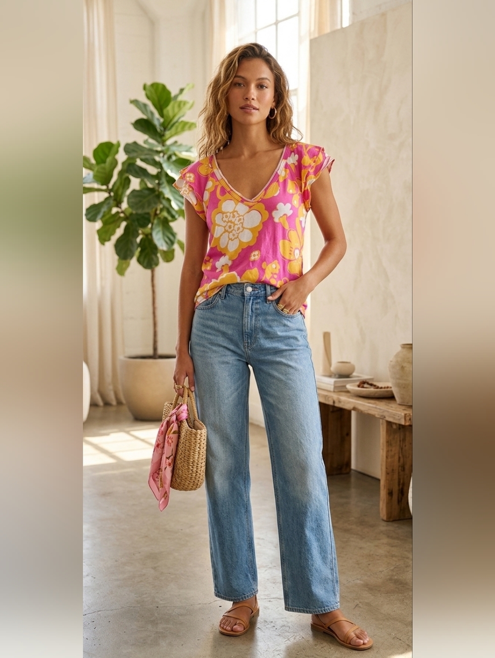 Maeve by Anthropologie XSP Pink Yellow Floral Ruffle Sleeve V-Neck Cotton Modal